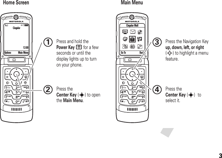 3Home Screen Main MenuPress the Navigation Key up, down, left, or right (S) to highlight a menu feature.3Press the Center Key (s) to select it.4Options Main Menu Go To BackCingular Mall Press and hold the Power Key O for a few seconds or until the display lights up to turn on your phone.1Press the Center Key (s) to open the Main Menu.2Cingular12:00