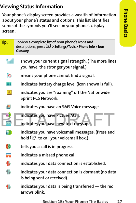 BETA DRAFTSection 1B: Your Phone: The Basics 27Phone BasicsViewing Status InformationYour phone’s display screen provides a wealth of information about your phone’s status and options. This list identifies some of the symbols you’ll see on your phone’s display screen:shows your current signal strength. (The more lines you have, the stronger your signal.)means your phone cannot find a signal.indicates battery charge level (icon shown is full).indicates you are “roaming” off the Nationwide Sprint PCS Network.indicates you have an SMS Voice message. indicates you have Picture Mail. indicates you have new text messages. indicates you have voicemail messages. (Press and hold 1 to call your voicemail box.)tells you a call is in progress.indicates a missed phone call.indicates your data connection is established. indicates your data connection is dormant (no data is being sent or received). indicates your data is being transferred — the red arrows blink.Tip: To view a complete list of  your phone’s icons and descriptions, press O &gt; Settings/Tools &gt; Phone Info &gt; Icon Glossary.