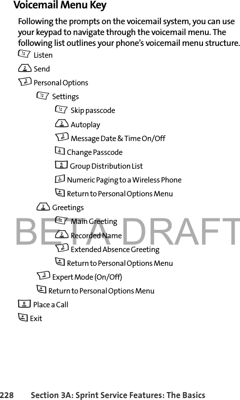 BETA DRAFT228 Section 3A: Sprint Service Features: The BasicsVoicemail Menu KeyFollowing the prompts on the voicemail system, you can use your keypad to navigate through the voicemail menu. The following list outlines your phone’s voicemail menu structure.1 Listen2 Send 3 Personal Options1 Settings1 Skip passcode2 Autoplay3 Message Date &amp; Time On/Off4 Change Passcode5 Group Distribution List6 Numeric Paging to a Wireless Phone* Return to Personal Options Menu2 Greetings1 Main Greeting2 Recorded Name3 Extended Absence Greeting* Return to Personal Options Menu3 Expert Mode (On/Off)* Return to Personal Options Menu8 Place a Call* Exit