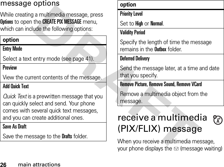 26main attractionsDRAFTmessage optionsWhile creating a multimedia message, press Options to open the CREATE PIX MESSAGE menu, which can include the following options:receive a multimedia (PIX/FLIX) messageWhen you receive a multimedia message, your phone displays the g (message waiting) optionEntry ModeSelect a text entry mode (see page 41).PreviewView the current contents of the message.Add Quick TextQuick Text is a prewritten message that you can quickly select and send. Your phone comes with several quick text messages, and you can create additional ones.Save As DraftSave the message to the Drafts folder.Priority LevelSet to High or Normal.Validity PeriodSpecify the length of time the message remains in the Outbox folder.Deferred DeliverySend the message later, at a time and date that you specify.Remove Picture, Remove Sound, Remove VCardRemove a multimedia object from the message.option