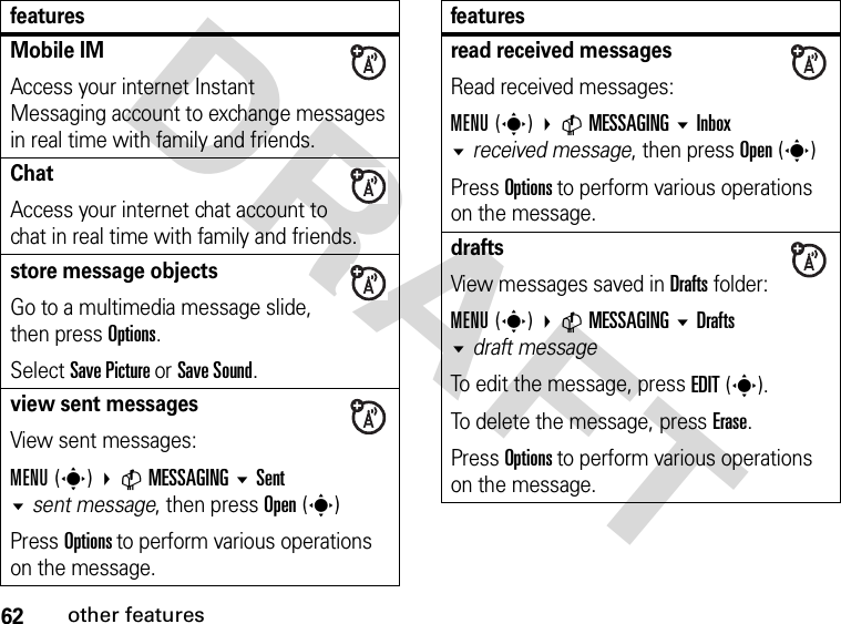 62other featuresDRAFTMobile IMAccess your internet Instant Messaging account to exchange messages in real time with family and friends.ChatAccess your internet chat account to chat in real time with family and friends.store message objects Go to a multimedia message slide, then press Options.Select Save Picture or Save Sound.view sent messages View sent messages:MENU(s) CMESSAGINGSentsent message, then press Open(s)Press Options to perform various operations on the message.featuresread received messages Read received messages:MENU(s) CMESSAGING Inbox received message, then press Open(s)Press Options to perform various operations on the message.drafts View messages saved in Drafts folder:MENU(s) CMESSAGING Drafts draft messageTo edit the message, press EDIT(s).To delete the message, press Erase.Press Options to perform various operations on the message.features