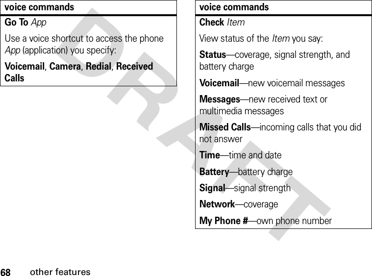 68other featuresDRAFTGo ToAppUse a voice shortcut to access the phone App (application) you specify:Voicemail, Camera, Redial, Received Callsvoice commandsCheck ItemView status of the Item you say:Status—coverage, signal strength, and battery chargeVoicemail—new voicemail messagesMessages—new received text or multimedia messagesMissed Calls—incoming calls that you did not answerTime—time and dateBattery—battery chargeSignal—signal strengthNetwork—coverageMy Phone #—own phone numbervoice commands