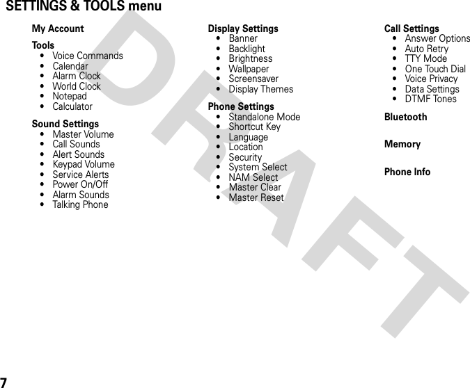 7DRAFTSETTINGS &amp; TOOLS menuMy AccountTools• Voice Commands• Calendar•Alarm Clock• World Clock• Notepad•CalculatorSound Settings• Master Volume• Call Sounds• Alert Sounds• Keypad Volume• Service Alerts•Power On/Off• Alarm Sounds• Talking PhoneDisplay Settings• Banner• Backlight• Brightness• Wallpaper• Screensaver• Display ThemesPhone Settings• Standalone Mode• Shortcut Key• Language• Location• Security•System Select•NAM Select• Master Clear• Master ResetCall Settings• Answer Options•Auto Retry• TTY Mode• One Touch Dial• Voice Privacy• Data Settings• DTMF TonesBluetoothMemoryPhone Info