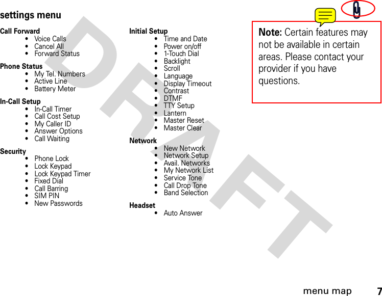 7menu mapDRAFT settings menuCall Forward• Voice Calls• Cancel All• Forward StatusPhone Status• My Tel. Numbers• Active Line• Battery MeterIn-Call Setup• In-Call Timer•Call Cost Setup• My Caller ID• Answer Options• Call WaitingSecurity• Phone Lock• Lock Keypad• Lock Keypad Timer• Fixed Dial• Call Barring• SIM PIN• New PasswordsInitial Setup•Time and Date• Power on/off•1-Touch Dial• Backlight•Scroll• Language• Display Timeout• Contrast•DTMF• TTY Setup• Lantern• Master Reset• Master ClearNetwork•New Network•Network Setup• Avail. Networks• My Network List• Service Tone•Call Drop Tone• Band SelectionHeadset• Auto AnswerNote: Certain features may not be available in certain areas. Please contact your provider if you have questions.