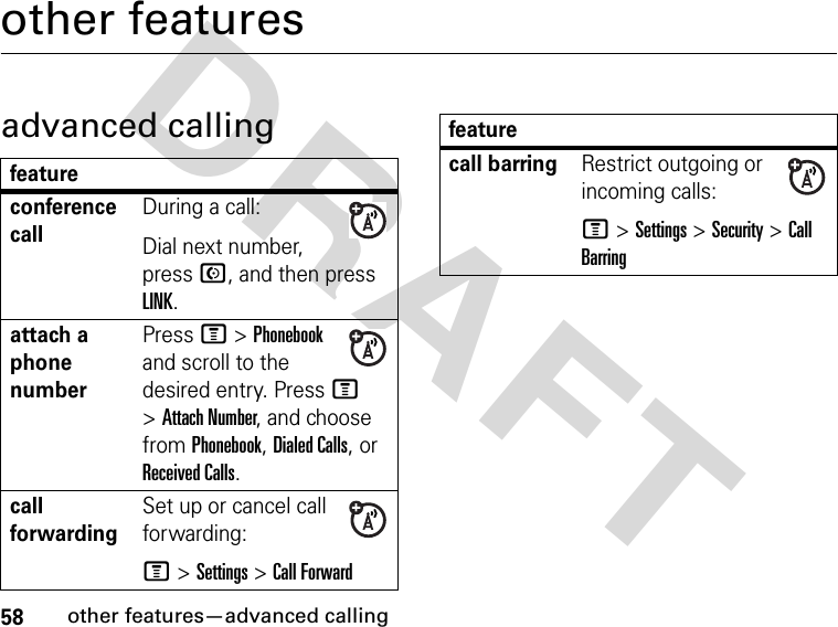 58other features—advanced callingDRAFT other featuresadvanced callingfeatureconference callDuring a call:Dial next number, press N, and then press LINK.attach a phone numberPress M &gt; Phonebook and scroll to the desired entry. Press M &gt; Attach Number, and choose from Phonebook, Dialed Calls, or Received Calls.call forwardingSet up or cancel call forwarding:M &gt; Settings &gt; Call Forwardcall barringRestrict outgoing or incoming calls:M &gt; Settings &gt; Security &gt; Call Barringfeature