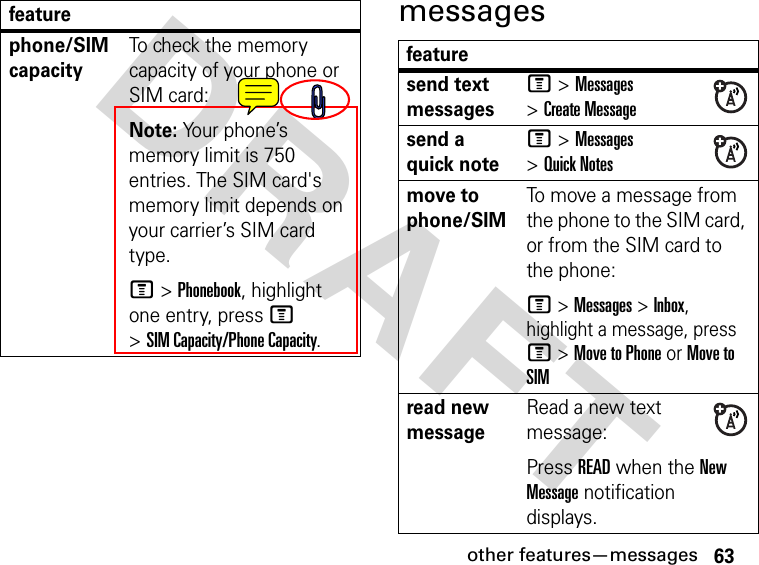 63other features—messagesDRAFT messagesphone/SIM capacityTo check the memory capacity of your phone or SIM card:Note: Your phone’s memory limit is 750 entries. The SIM card&apos;s memory limit depends on your carrier’s SIM card type.M &gt; Phonebook, highlight one entry, press M &gt; SIM Capacity/Phone Capacity.featurefeaturesend text messagesM &gt; Messages &gt; Create Messagesend a quick noteM &gt; Messages &gt; Quick Notesmove to phone/SIMTo move a message from the phone to the SIM card, or from the SIM card to the phone:M &gt; Messages &gt; Inbox, highlight a message, press M &gt; Move to Phone or Move to SIMread new messageRead a new text message:Press READ when the New Message notification displays.