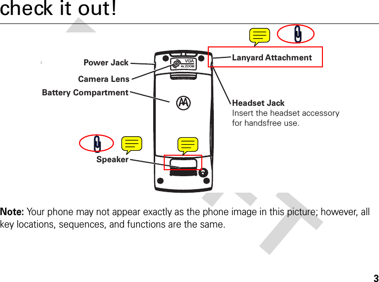 DRAFT 3check it out!Note: Your phone may not appear exactly as the phone image in this picture; however, all key locations, sequences, and functions are the same.VGA4x ZOOMPower JackBattery CompartmentSpeakerLanyard AttachmentHeadset JackInsert the headset accessoryfor handsfree use.Camera Lens