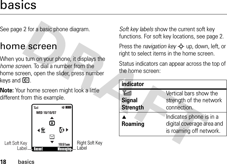 18basicsbasicsSee page 2 for a basic phone diagram.home screenWhen you turn on your phone, it displays the home screen. To dial a number from the home screen, open the slider, press number keys and N.Note: Your home screen might look a little different from this example.Soft key labels show the current soft key functions. For soft key locations, see page 2.Press the navigation keyS up, down, left, or right to select items in the home screen.Status indicators can appear across the top of the home screen:Right Soft Key Label    Left Soft Key LabelRecent Messaging6ÎìWED 10/10/0710:51amLhJe&amp;&amp;&amp;&amp;indicator6 Signal StrengthVertical bars show the strength of the network connection.W RoamingIndicates phone is in a digital coverage area and is roaming off network.