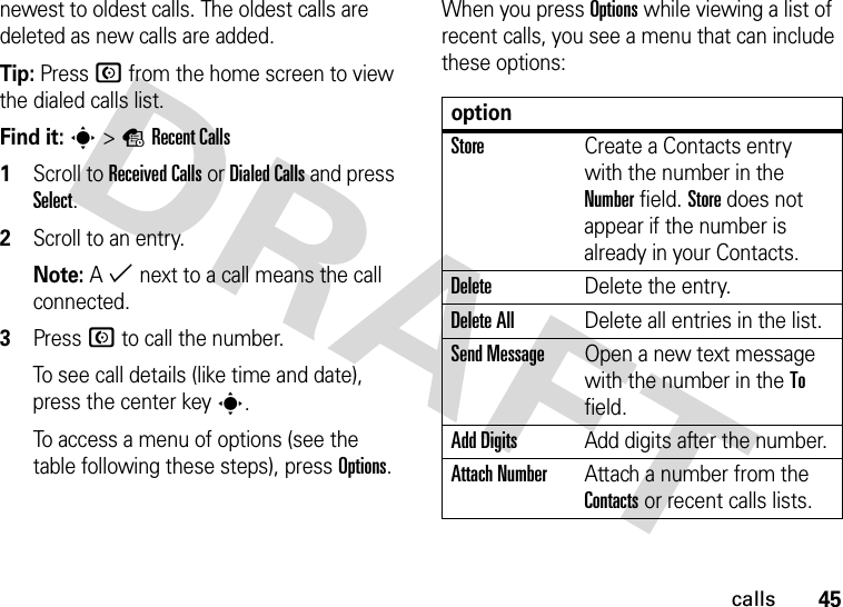 45callsnewest to oldest calls. The oldest calls are deleted as new calls are added.Tip: Press N from the home screen to view the dialed calls list.Find it: s&gt;sRecent Calls  1Scroll to Received Calls or Dialed Calls and press Select.2Scroll to an entry.Note: A % next to a call means the call connected.3Press N to call the number.To see call details (like time and date), press the center keys.To access a menu of options (see the table following these steps), press Options.When you press Options while viewing a list of recent calls, you see a menu that can include these options:optionStoreCreate a Contacts entry with the number in the Number field. Store does not appear if the number is already in your Contacts.DeleteDelete the entry.Delete AllDelete all entries in the list.Send MessageOpen a new text message with the number in the To field.Add DigitsAdd digits after the number.Attach NumberAttach a number from the Contacts or recent calls lists.