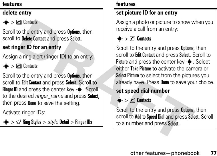 other features—phonebook77delete entrys&gt;nContactsScroll to the entry and press Options, then scroll to Delete Contact and press Select.set ringer ID for an entryAssign a ring alert (ringer ID) to an entry:s&gt;nContactsScroll to the entry and press Options, then scroll to Edit Contact and press Select. Scroll to Ringer ID and press the center keys. Scroll to the desired ringer_name and press Select, then press Done to save the setting.Activate ringer IDs:s&gt;tRing Styles &gt; styleDetail &gt;Ringer IDsfeaturesset picture ID for an entryAssign a photo or picture to show when you receive a call from an entry:s&gt;nContactsScroll to the entry and press Options, then scroll to Edit Contact and press Select. Scroll to Picture and press the center keys. Select either Take Picture to activate the camera or Select Picture to select from the pictures you already have. Press Done to save your choice.set speed dial numbers&gt;nContactsScroll to the entry and press Options, then scroll to AddtoSpeedDial and press Select. Scroll to a number and press Select.features