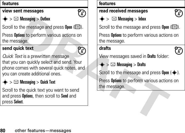 80other features—messagesview sent messagess&gt;eMessaging &gt;OutboxScroll to the message and press Open(r).Press Options to perform various actions on the message.send quick textQuick Text is a prewritten message that you can quickly select and send. Your phone comes with several quick notes, and you can create additional ones.s&gt;eMessaging &gt;Quick TextScroll to the quick text you want to send and press Options, then scroll to Send and press Select.featuresread received messagess &gt; eMessaging &gt;InboxScroll to the message and press Open(r).Press Options to perform various actions on the message.drafts View messages saved in Drafts folder:s &gt;eMessaging &gt;DraftsScroll to the message and press Open(s).Press Options to perform various actions on the message.features