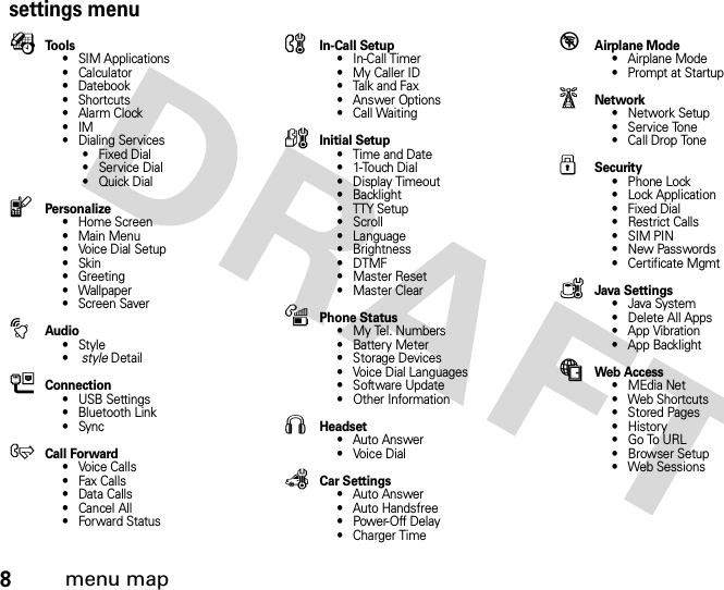 8menu mapsettings menuÉTo o l s• SIM Applications•Calculator• Datebook• Shortcuts•Alarm Clock•IM• Dialing Services• Fixed Dial• Service Dial•Quick DiallPersonalize• Home Screen• Main Menu•Voice Dial Setup•Skin• Greeting• Wallpaper• Screen SavertAudio•Style•style DetailLConnection• USB Settings• Bluetooth Link•SyncH Call Forward• Voice Calls• Fax Calls•Data Calls•Cancel All• Forward StatusUIn-Call Setup• In-Call Timer• My Caller ID• Talk and Fax• Answer Options• Call WaitingZInitial Setup• Time and Date• 1-Touch Dial• Display Timeout• Backlight• TTY Setup•Scroll• Language• Brightness•DTMF• Master Reset•Master ClearmPhone Status• My Tel. Numbers•Battery Meter• Storage Devices• Voice Dial Languages• Software Update• Other InformationSHeadset• Auto Answer•Voice DialJCar Settings• Auto Answer• Auto Handsfree•Power-Off Delay• Charger Time%Airplane Mode• Airplane Mode• Prompt at StartupjNetwork•Network Setup• Service Tone• Call Drop ToneuSecurity• Phone Lock• Lock Application• Fixed Dial• Restrict Calls•SIM PIN• New Passwords• Certificate MgmtcJava Settings• Java System• Delete All Apps• App Vibration• App BacklightáWeb Access•MEdia Net• Web Shortcuts• Stored Pages•History•Go To URL•Browser Setup• Web Sessions