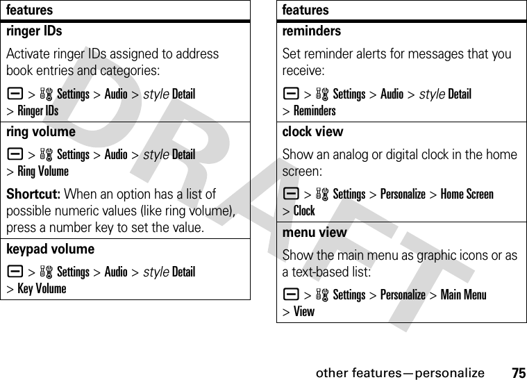 other features—personalize75ringer IDs Activate ringer IDs assigned to address book entries and categories:a &gt;wSettings &gt;Audio &gt; styleDetail &gt;Ringer IDsring volumea &gt;wSettings &gt;Audio &gt; styleDetail &gt;Ring VolumeShortcut: When an option has a list of possible numeric values (like ring volume), press a number key to set the value.keypad volumea &gt;wSettings &gt;Audio &gt; styleDetail &gt;Key VolumefeaturesremindersSet reminder alerts for messages that you receive:a &gt;wSettings &gt;Audio &gt; styleDetail &gt;Remindersclock viewShow an analog or digital clock in the home screen:a &gt;wSettings &gt;Personalize &gt;Home Screen &gt;Clockmenu viewShow the main menu as graphic icons or as a text-based list:a &gt;wSettings &gt;Personalize &gt;Main Menu &gt;Viewfeatures