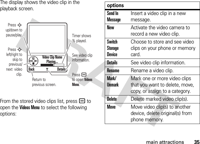 35main attractionsThe display shows the video clip in the playback screen.From the stored video clips list, pressa to open the Videos Menu to select the following options:Back DetailsPress S up/down to pause/play.Press S left/right to skip to previous/ next  video clip.Timer shows % played.See video clip information.Video Clip NamePlaying...Return to previous screen.Press a to open Videos Menu.optionsSend In MessageInsert a video clip in a new message.NewActivate the video camera to record a new video clip.Switch Storage DeviceChoose to store and see video clips on your phone or memory card.DetailsSee video clip information.RenameRename a video clip.Mark/ UnmarkMark one or more video clips that you want to delete, move, copy, or assign to a category.DeleteDelete marked video clip(s).MoveMove video clip(s) to another device, delete original(s) from phone memory.