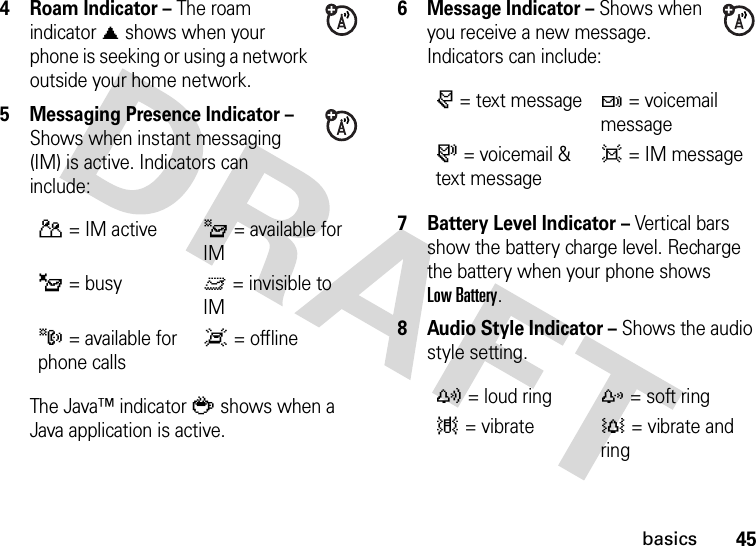 45basics4Roam Indicator – The roam indicator ã shows when your phone is seeking or using a network outside your home network.5 Messaging Presence Indicator – Shows when instant messaging (IM) is active. Indicators can include:The Java™ indicator ` shows when a Java application is active.6 Message Indicator – Shows when you receive a new message. Indicators can include:7 Battery Level Indicator – Vertical bars show the battery charge level. Recharge the battery when your phone shows Low Battery.8 Audio Style Indicator – Shows the audio style setting.P= IM activeI= available for IM_= busyQ= invisible to IMJ= available for phone callsX= offliner= text messaget= voicemail messages= voicemail &amp; text messaged= IM messagey= loud ringz= soft ring|= vibrate†= vibrate and ring