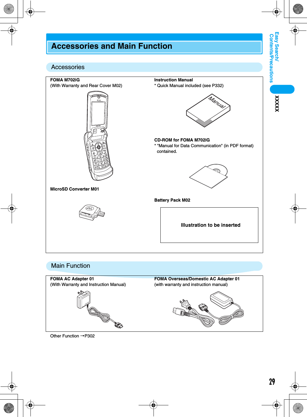 29Contents/PrecautionsEasy Search/XXXXXAccessories and Main FunctionAccessoriesMain FunctionOther Function →P302FOMA M702iG(With Warranty and Rear Cover M02)MicroSD Converter M01Instruction Manual* Quick Manual included (see P332)CD-ROM for FOMA M702iG* &quot;Manual for Data Communication&quot; (in PDF format) contained.Battery Pack M02FOMA AC Adapter 01(With Warranty and Instruction Manual)FOMA Overseas/Domestic AC Adapter 01(with warranty and instruction manual)Illustration to be inserted