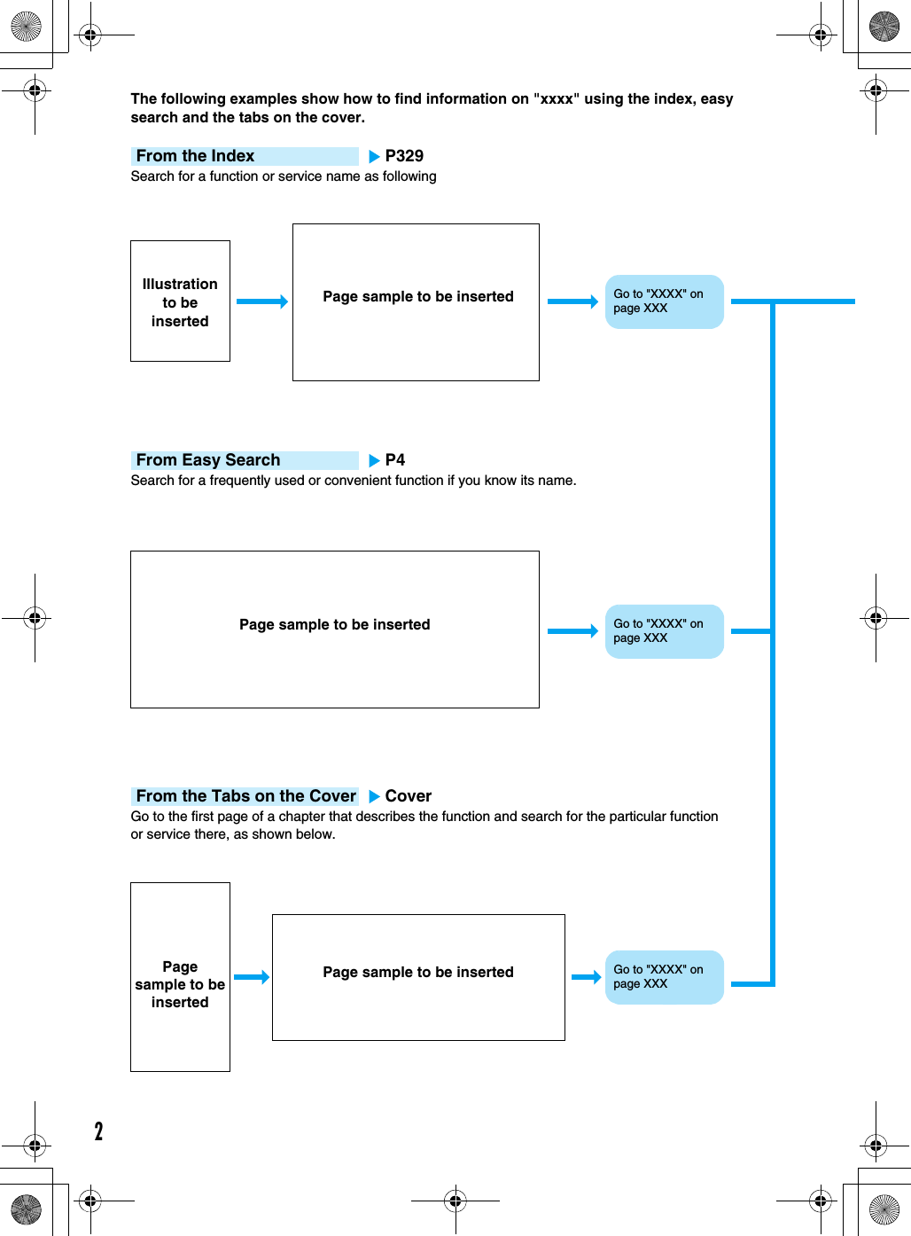 2The following examples show how to find information on &quot;xxxx&quot; using the index, easy search and the tabs on the cover. Go to &quot;XXXX&quot; on page XXXFrom the Tabs on the CoverGo to the first page of a chapter that describes the function and search for the particular function or service there, as shown below. CoverPage sample to be insertedPage sample to be insertedPage sample to be insertedPage sample to be insertedFrom Easy SearchSearch for a frequently used or convenient function if you know its name.P4From the IndexSearch for a function or service name as followingP329Go to &quot;XXXX&quot; on page XXXGo to &quot;XXXX&quot; on page XXXIllustration to be inserted