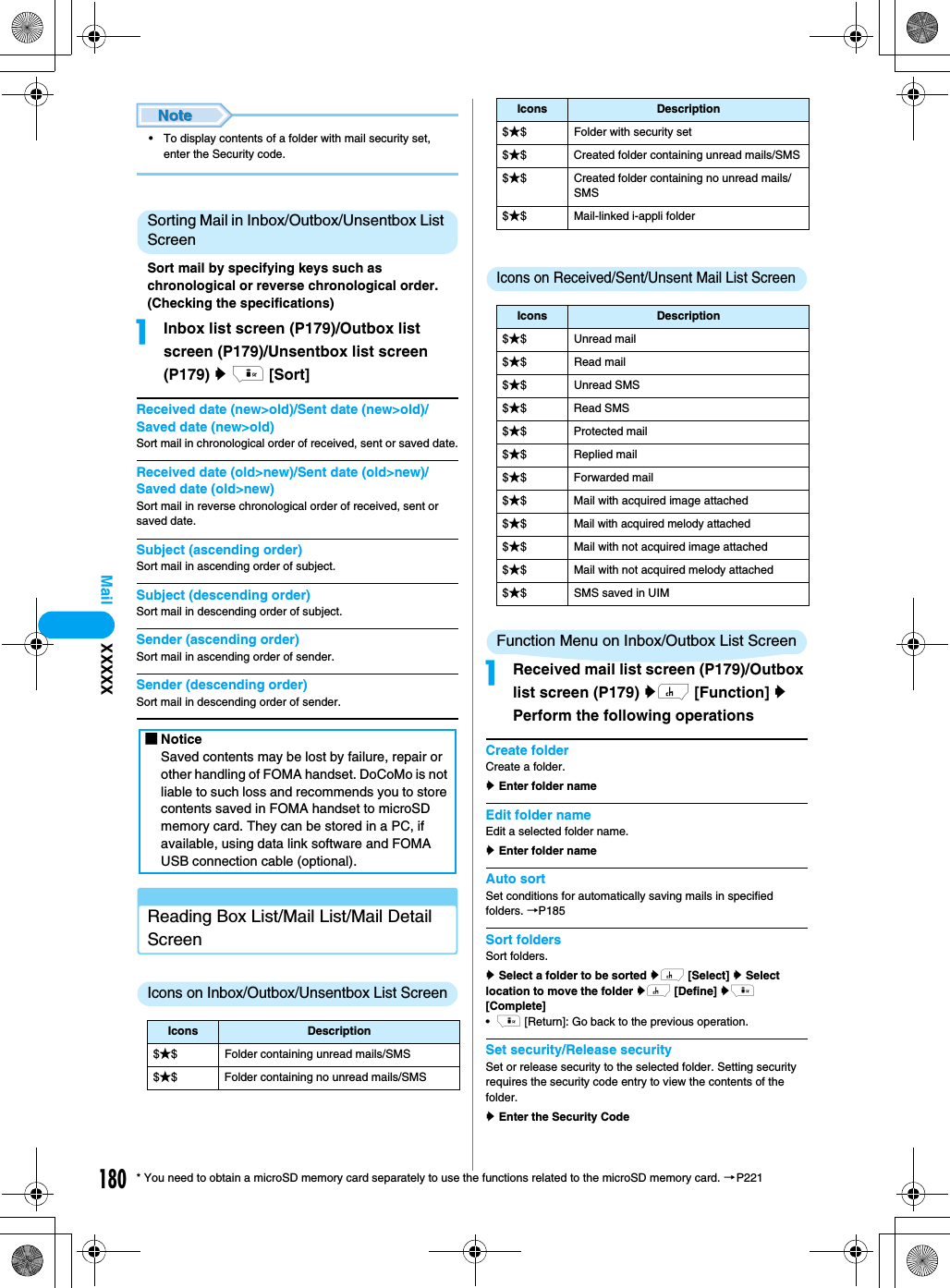 180Mail* You need to obtain a microSD memory card separately to use the functions related to the microSD memory card. →P221• To display contents of a folder with mail security set, enter the Security code.Sorting Mail in Inbox/Outbox/Unsentbox List ScreenSort mail by specifying keys such as chronological or reverse chronological order. (Checking the specifications)aInbox list screen (P179)/Outbox list screen (P179)/Unsentbox list screen (P179) y i [Sort]Received date (new&gt;old)/Sent date (new&gt;old)/Saved date (new&gt;old)Sort mail in chronological order of received, sent or saved date.Received date (old&gt;new)/Sent date (old&gt;new)/Saved date (old&gt;new)Sort mail in reverse chronological order of received, sent or saved date.Subject (ascending order)Sort mail in ascending order of subject.Subject (descending order)Sort mail in descending order of subject.Sender (ascending order)Sort mail in ascending order of sender.Sender (descending order)Sort mail in descending order of sender.Reading Box List/Mail List/Mail Detail ScreenIcons on Inbox/Outbox/Unsentbox List ScreenIcons on Received/Sent/Unsent Mail List ScreenFunction Menu on Inbox/Outbox List ScreenaReceived mail list screen (P179)/Outbox list screen (P179) yh [Function] y Perform the following operationsCreate folderCreate a folder.y Enter folder nameEdit folder nameEdit a selected folder name.y Enter folder nameAuto sortSet conditions for automatically saving mails in specified folders. →P185Sort foldersSort folders.y Select a folder to be sorted yh [Select] y Select location to move the folder yh [Define] yi [Complete]•i [Return]: Go back to the previous operation.Set security/Release securitySet or release security to the selected folder. Setting security requires the security code entry to view the contents of the folder.y Enter the Security Code■NoticeSaved contents may be lost by failure, repair or other handling of FOMA handset. DoCoMo is not liable to such loss and recommends you to store contents saved in FOMA handset to microSD memory card. They can be stored in a PC, if available, using data link software and FOMA USB connection cable (optional). Icons Description$★$ Folder containing unread mails/SMS$★$ Folder containing no unread mails/SMS$★$ Folder with security set$★$ Created folder containing unread mails/SMS$★$ Created folder containing no unread mails/SMS$★$ Mail-linked i-appli folderIcons Description$★$ Unread mail$★$ Read mail$★$ Unread SMS$★$ Read SMS$★$ Protected mail$★$ Replied mail$★$ Forwarded mail$★$ Mail with acquired image attached$★$Mail with acquired melody attached$★$ Mail with not acquired image attached$★$ Mail with not acquired melody attached$★$ SMS saved in UIMIcons DescriptionXXXXX