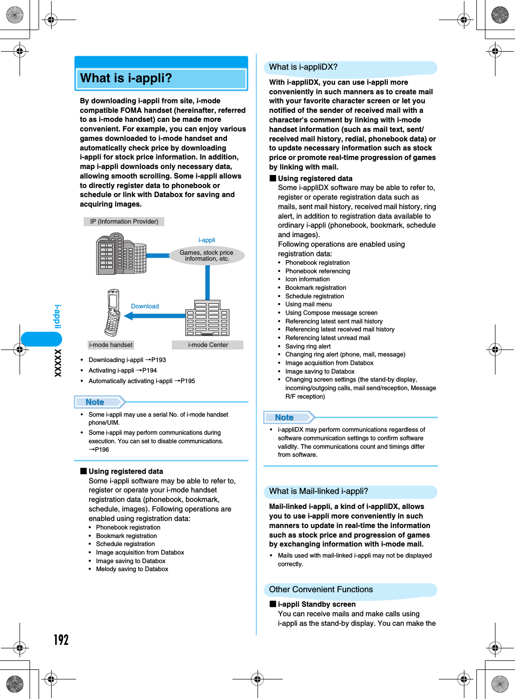 192i-appliWhat is i-appli?By downloading i-appli from site, i-mode compatible FOMA handset (hereinafter, referred to as i-mode handset) can be made more convenient. For example, you can enjoy various games downloaded to i-mode handset and automatically check price by downloading i-appli for stock price information. In addition, map i-appli downloads only necessary data, allowing smooth scrolling. Some i-appli allows to directly register data to phonebook or schedule or link with Databox for saving and acquiring images.• Downloading i-appli →P193• Activating i-appli →P194• Automatically activating i-appli →P195• Some i-appli may use a serial No. of i-mode handset phone/UIM.• Some i-appli may perform communications during execution. You can set to disable communications. →P196■Using registered dataSome i-appli software may be able to refer to, register or operate your i-mode handset registration data (phonebook, bookmark, schedule, images). Following operations are enabled using registration data:• Phonebook registration• Bookmark registration• Schedule registration• Image acquisition from Databox• Image saving to Databox• Melody saving to DataboxWhat is i-appliDX?With i-appliDX, you can use i-appli more conveniently in such manners as to create mail with your favorite character screen or let you notified of the sender of received mail with a character&apos;s comment by linking with i-mode handset information (such as mail text, sent/received mail history, redial, phonebook data) or to update necessary information such as stock price or promote real-time progression of games by linking with mail.■Using registered dataSome i-appliDX software may be able to refer to, register or operate registration data such as mails, sent mail history, received mail history, ring alert, in addition to registration data available to ordinary i-appli (phonebook, bookmark, schedule and images).Following operations are enabled using registration data:• Phonebook registration• Phonebook referencing• Icon information• Bookmark registration• Schedule registration• Using mail menu• Using Compose message screen• Referencing latest sent mail history• Referencing latest received mail history• Referencing latest unread mail• Saving ring alert• Changing ring alert (phone, mail, message)• Image acquisition from Databox• Image saving to Databox• Changing screen settings (the stand-by display, incoming/outgoing calls, mail send/reception, Message R/F reception)• i-appliDX may perform communications regardless of software communication settings to confirm software validity. The communications count and timings differ from software.What is Mail-linked i-appli?Mail-linked i-appli, a kind of i-appliDX, allows you to use i-appli more conveniently in such manners to update in real-time the information such as stock price and progression of games by exchanging information with i-mode mail.• Mails used with mail-linked i-appli may not be displayed correctly.Other Convenient Functions■i-appli Standby screenYou can receive mails and make calls using i-appli as the stand-by display. You can make the IP (Information Provider)i-mode Centeri-mode handseti-appliDownloadGames, stock price information, etc.XXXXX