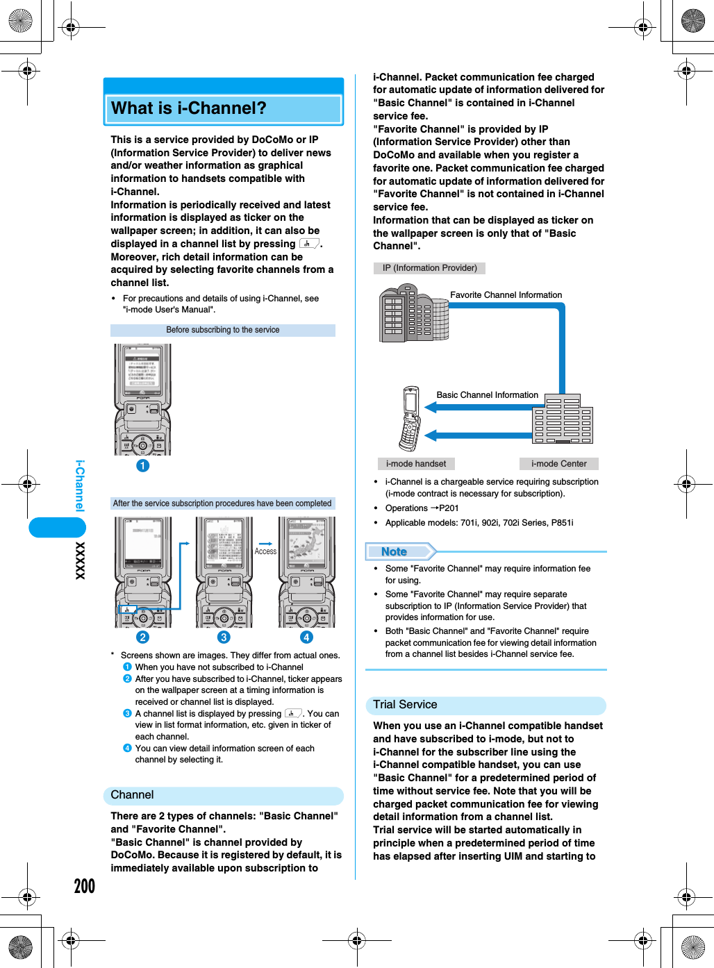 200i-Channel XXXXXWhat is i-Channel?This is a service provided by DoCoMo or IP (Information Service Provider) to deliver news and/or weather information as graphical information to handsets compatible with i-Channel.Information is periodically received and latest information is displayed as ticker on the wallpaper screen; in addition, it can also be displayed in a channel list by pressing h. Moreover, rich detail information can be acquired by selecting favorite channels from a channel list.• For precautions and details of using i-Channel, see &quot;i-mode User&apos;s Manual&quot;.* Screens shown are images. They differ from actual ones.aWhen you have not subscribed to i-ChannelbAfter you have subscribed to i-Channel, ticker appears on the wallpaper screen at a timing information is received or channel list is displayed.cA channel list is displayed by pressing h. You can view in list format information, etc. given in ticker of each channel.dYou can view detail information screen of each channel by selecting it.ChannelThere are 2 types of channels: &quot;Basic Channel&quot; and &quot;Favorite Channel&quot;.&quot;Basic Channel&quot; is channel provided by DoCoMo. Because it is registered by default, it is immediately available upon subscription to i-Channel. Packet communication fee charged for automatic update of information delivered for &quot;Basic Channel&quot; is contained in i-Channel service fee.&quot;Favorite Channel&quot; is provided by IP (Information Service Provider) other than DoCoMo and available when you register a favorite one. Packet communication fee charged for automatic update of information delivered for &quot;Favorite Channel&quot; is not contained in i-Channel service fee.Information that can be displayed as ticker on the wallpaper screen is only that of &quot;Basic Channel&quot;.• i-Channel is a chargeable service requiring subscription (i-mode contract is necessary for subscription).• Operations →P201• Applicable models: 701i, 902i, 702i Series, P851i• Some &quot;Favorite Channel&quot; may require information fee for using. • Some &quot;Favorite Channel&quot; may require separate subscription to IP (Information Service Provider) that provides information for use. • Both &quot;Basic Channel&quot; and &quot;Favorite Channel&quot; require packet communication fee for viewing detail information from a channel list besides i-Channel service fee. Trial ServiceWhen you use an i-Channel compatible handset and have subscribed to i-mode, but not to i-Channel for the subscriber line using the i-Channel compatible handset, you can use &quot;Basic Channel&quot; for a predetermined period of time without service fee. Note that you will be charged packet communication fee for viewing detail information from a channel list.Trial service will be started automatically in principle when a predetermined period of time has elapsed after inserting UIM and starting to After the service subscription procedures have been completedBefore subscribing to the serviceabcdAccessIP (Information Provider)i-mode handset i-mode CenterFavorite Channel InformationBasic Channel Information