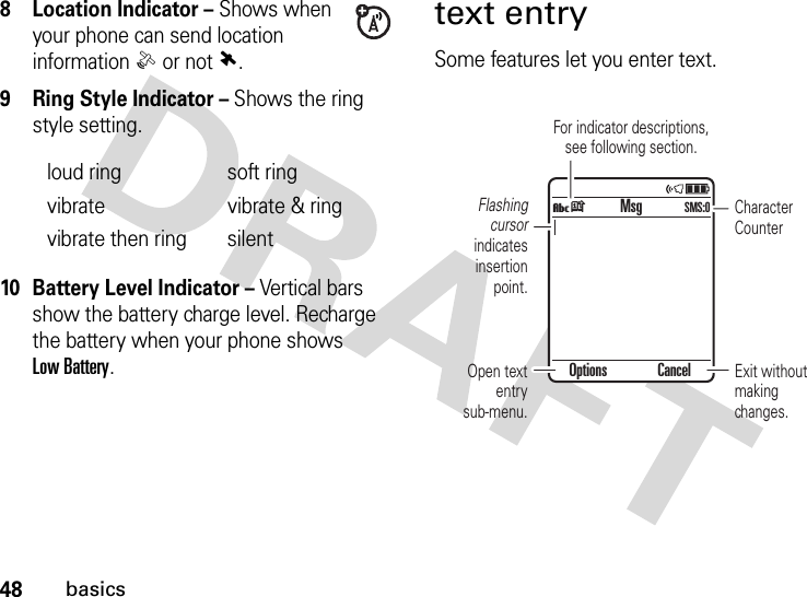 48basics8 Location Indicator – Shows when your phone can send location information ê or not â.9 Ring Style Indicator – Shows the ring style setting.10 Battery Level Indicator – Vertical bars show the battery charge level. Recharge the battery when your phone shows Low Battery.text entrySome features let you enter text.loud ring soft ringvibrate vibrate &amp; ringvibrate then ring silent Flashing cursor indicates insertion point.Exit without making changes.Open text entry sub-menu.Character CounterFor indicator descriptions,see following section.MsgVkSMS:0Options Cancel