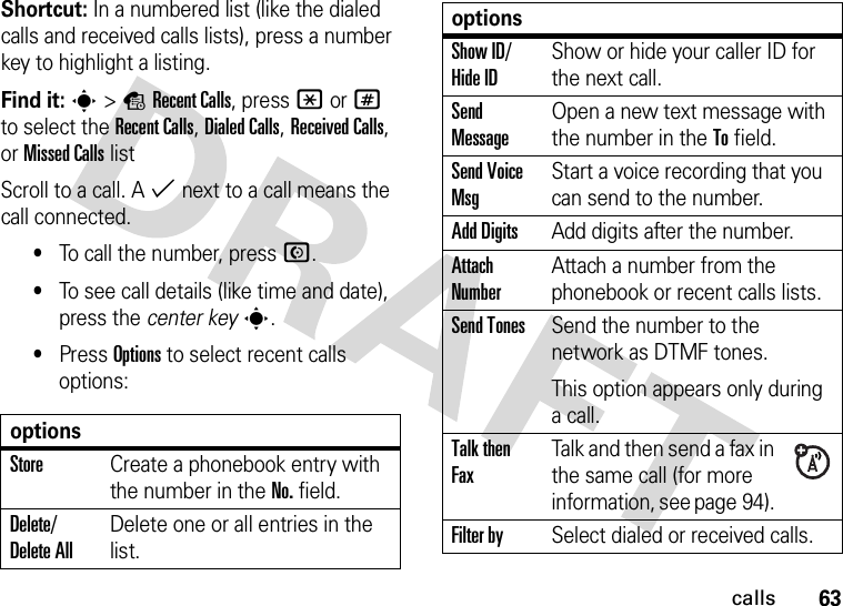 63callsShortcut: In a numbered list (like the dialed calls and received calls lists), press a number key to highlight a listing.Find it: s&gt;sRecent Calls, press *or# to select the Recent Calls, Dialed Calls, Received Calls, or Missed Calls listScroll to a call. A % next to a call means the call connected.•To call the number, press N.•To see call details (like time and date), press the center keys.•Press Options to select recent calls options:optionsStoreCreate a phonebook entry with the number in the No. field.Delete/ Delete AllDelete one or all entries in the list.Show ID/ Hide IDShow or hide your caller ID for the next call.Send MessageOpen a new text message with the number in the To field.Send Voice MsgStart a voice recording that you can send to the number.Add DigitsAdd digits after the number.Attach NumberAttach a number from the phonebook or recent calls lists.Send TonesSend the number to the network as DTMF tones.This option appears only during a call.Talk then FaxTalk and then send a fax in the same call (for more information, see page 94). Filter bySelect dialed or received calls.options