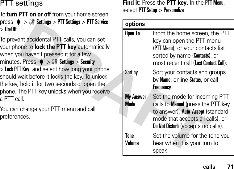 71callsPTT settingsTo turn PTT on or off from your home screen, press s&gt;wSettings &gt;PTT Settings &gt;PTT Service &gt;On/Off. To prevent accidental PTT calls, you can set your phone to lock the PTT key automatically when you haven’t pressed it for a few minutes. Press s&gt;wSettings &gt;Security &gt;Lock PTT Key, and select how long your phone should wait before it locks the key. To unlock the key, hold it for two seconds or open the phone. The PTT key unlocks when you receive a PTT call.You can change your PTT menu and call preferences.Find it: Press the PTT key. In the PTT Menu, select PTT Setup &gt;PersonalizeoptionsOpen ToFrom the home screen, the PTT key can open the PTT menu (PTT Menu), or your contacts list sorted by name (Contacts), or most recent call (Last Contact Call).Sort bySort your contacts and groups by Name, online Status, or call Frequency.My Answer ModeSet the mode for incoming PTT calls to Manual (press the PTT key to answer), Auto-Accept (standard mode that accepts all calls), or Do Not Disturb (accepts no calls).Tone VolumeSet the volume for the tone you hear when it is your turn to speak.