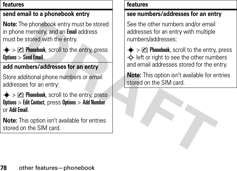 78other features—phonebooksend email to a phonebook entryNote: The phonebook entry must be stored in phone memory, and an Email address must be stored with the entry.s &gt;nPhonebook, scroll to the entry, press Options &gt;Send Email.add numbers/addresses for an entryStore additional phone numbers or email addresses for an entry:s &gt;nPhonebook, scroll to the entry, press Options &gt;Edit Contact, press Options &gt;Add Number or Add Email.Note: This option isn’t available for entries stored on the SIM card.featuressee numbers/addresses for an entrySee the other numbers and/or email addresses for an entry with multiple numbers/addresses:s &gt;nPhonebook, scroll to the entry, press S left or right to see the other numbers and email addresses stored for the entry.Note: This option isn’t available for entries stored on the SIM card.features