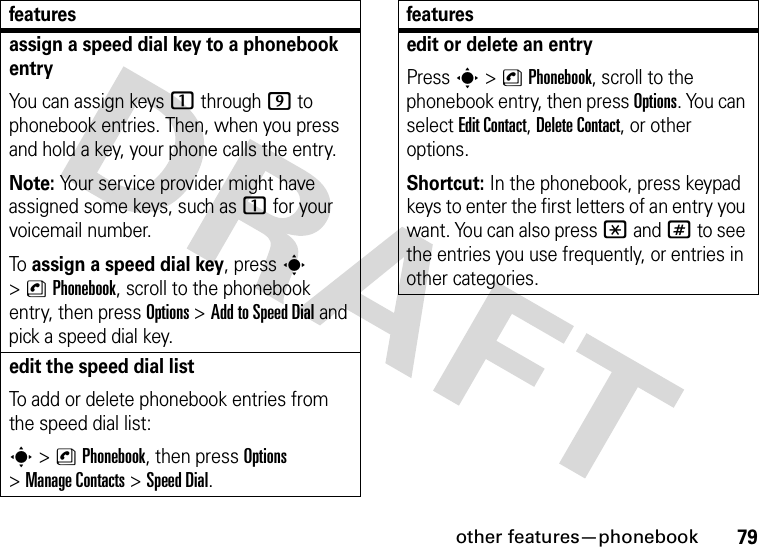 other features—phonebook79assign a speed dial key to a phonebook entryYou can assign keys 1 through 9 to phonebook entries. Then, when you press and hold a key, your phone calls the entry.Note: Your service provider might have assigned some keys, such as 1 for your voicemail number.To assign a speed dial key, press s &gt;nPhonebook, scroll to the phonebook entry, then press Options &gt;Add to Speed Dial and pick a speed dial key.edit the speed dial listTo add or delete phonebook entries from the speed dial list:s &gt;nPhonebook, then press Options &gt;ManageContacts &gt;Speed Dial.featuresedit or delete an entryPress s &gt;nPhonebook, scroll to the phonebook entry, then press Options. You can select Edit Contact, Delete Contact, or other options.Shortcut: In the phonebook, press keypad keys to enter the first letters of an entry you want. You can also press *and# to see the entries you use frequently, or entries in other categories.features