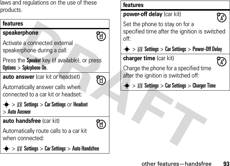 other features—handsfree93laws and regulations on the use of these products.featuresspeakerphoneActivate a connected external speakerphone during a call:Press the Speakerkey (if available), or press Options&gt;Spkrphone On.auto answer (car kit or headset)Automatically answer calls when connected to a car kit or headset:s&gt;wSettings &gt;Car Settings or Headset &gt;Auto Answerauto handsfree (car kit)Automatically route calls to a car kit when connected:s&gt;wSettings &gt;Car Settings &gt;Auto Handsfreepower-off delay (car kit)Set the phone to stay on for a specified time after the ignition is switched off:s&gt;wSettings &gt;Car Settings &gt;Power-Off Delaycharger time (car kit)Charge the phone for a specified time after the ignition is switched off:s&gt;wSettings &gt;Car Settings &gt;Charger Timefeatures