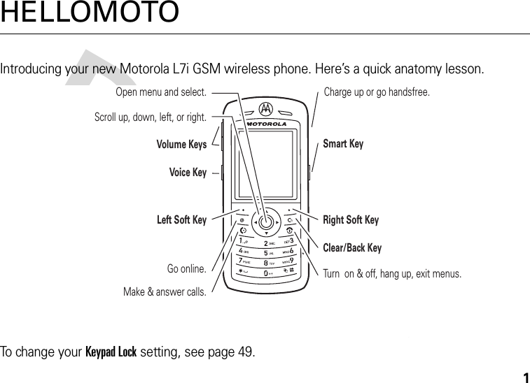 1HELLOMOTOIntroducing your new Motorola L7i GSM wireless phone. Here’s a quick anatomy lesson.To change your Keypad Lock setting, see page 49.Left Soft KeyVolume KeysCharge up or go handsfree.Make &amp; answer calls.Voice KeyGo online.Scroll up, down, left, or right.Open menu and select.Right Soft KeyClear/Back KeySmart KeyTurn  on &amp; off, hang up, exit menus.