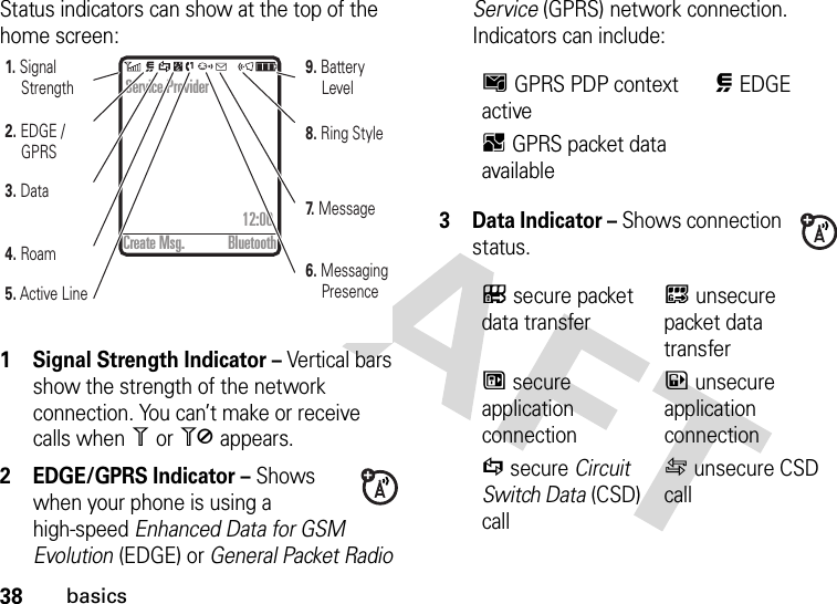 38basicsStatus indicators can show at the top of the home screen: 1 Signal Strength Indicator – Vertical bars show the strength of the network connection. You can’t make or receive calls when 1 or 0 appears.2 EDGE/GPRS Indicator – Shows when your phone is using a high-speed Enhanced Data for GSM Evolution (EDGE) or General Packet Radio Service (GPRS) network connection. Indicators can include:3 Data Indicator – Shows connection status.5. Active Line7.  Message6. Messaging Presence8. Ring Style9. Battery Level4. Roam3. Data2. EDGE /                     GPRS1. Signal StrengthService Provider                                  12:00Create Msg. BluetoothHGPRS PDP context activeœEDGEBGPRS packet data availableLsecure packet data transferKunsecure packet data transferNsecure application connectionMunsecure application connectionSsecure Circuit Switch Data (CSD) callTunsecure CSD call