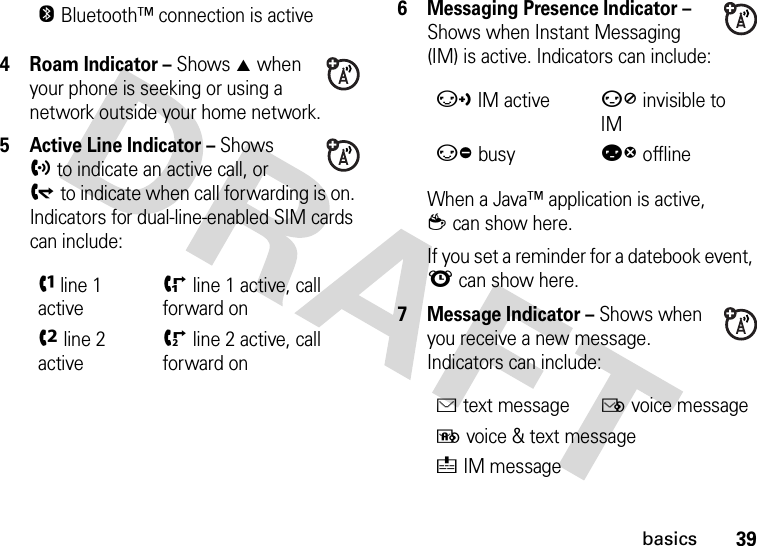 39basics4Roam Indicator – Shows W when your phone is seeking or using a network outside your home network.5 Active Line Indicator – Shows hto indicate an active call, or gto indicate when call forwarding is on. Indicators for dual-line-enabled SIM cards can include:6 Messaging Presence Indicator – Shows when Instant Messaging (IM) is active. Indicators can include:When a Java™ application is active, zcan show here.If you set a reminder for a datebook event, l can show here.7 Message Indicator – Shows when you receive a new message. Indicators can include:OBluetooth™ connection is activefline 1 activeiline 1 active, call forward oneline 2 activejline 2 active, call forward onqIM activesinvisible to IMrbusytofflineÉtext messageËvoice messageèvoice &amp; text message éIM message