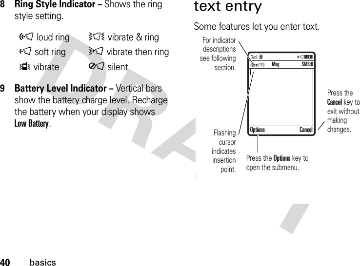 40basics8 Ring Style Indicator – Shows the ring style setting.9 Battery Level Indicator – Vertical bars show the battery charge level. Recharge the battery when your display shows Low Battery.text entrySome features let you enter text.õloud ringÌ vibrate &amp; ringôsoft ringövibrate then ringÎvibrateÍsilent  For indicator descriptions see following section.Flashing cursor indicates insertion point.Press the Cancel key to exit without making changes.Press the Options key to open the submenu.Options CancelSMS:0Msg