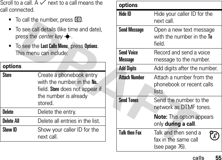 55callsScroll to a call. A % next to a call means the call connected.•To call the number, press N.•To see call details (like time and date), press the center keys.•To see the Last Calls Menu, press Options. This menu can include:optionsStoreCreate a phonebook entry with the number in the No. field. Store does not appear if the number is already stored.DeleteDelete the entry.Delete AllDelete all entries in the list.Show IDShow your caller ID for the next call.Hide IDHide your caller ID for the next call.Send MessageOpen a new text message with the number in the To field.Send Voice MessageRecord and send a voice message to the number.Add DigitsAdd digits after the number.Attach NumberAttach a number from the phonebook or recent calls lists.Send TonesSend the number to the network as DTMF tones.Note: This option appears only during a call.Talk then FaxTalk and then send a fax in the same call (see page 76). options