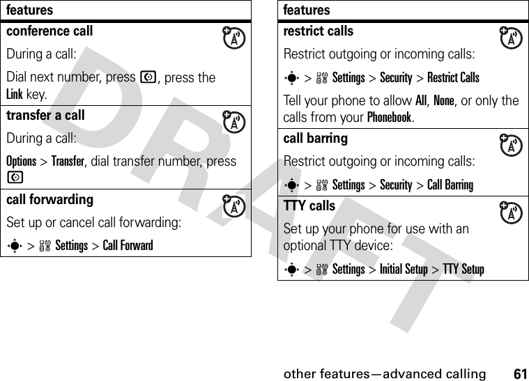 other features—advanced calling61conference callDuring a call:Dial next number, press N, press the Linkkey.transfer a callDuring a call:Options &gt;Transfer, dial transfer number, press Ncall forwardingSet up or cancel call forwarding:s&gt;wSettings &gt;Call Forwardfeaturesrestrict callsRestrict outgoing or incoming calls:s&gt;wSettings &gt;Security &gt;Restrict CallsTell your phone to allow All, None, or only the calls from your Phonebook.call barringRestrict outgoing or incoming calls:s&gt;wSettings &gt;Security &gt;Call BarringTTY callsSet up your phone for use with an optional TTY device:s&gt;wSettings &gt;Initial Setup &gt;TTY Setupfeatures