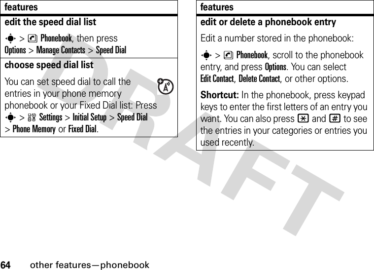 64other features—phonebookedit the speed dial lists&gt;nPhonebook, then press Options&gt;Manage Contacts &gt;Speed Dialchoose speed dial listYou can set speed dial to call the entries in your phone memory phonebook or your Fixed Dial list: Press s&gt;wSettings &gt;Initial Setup &gt;Speed Dial &gt;Phone Memoryor Fixed Dial.featuresedit or delete a phonebook entryEdit a number stored in the phonebook:s &gt;nPhonebook, scroll to the phonebook entry, and press Options. You can select Edit Contact, Delete Contact, or other options.Shortcut: In the phonebook, press keypad keys to enter the first letters of an entry you want. You can also press *and# to see the entries in your categories or entries you used recently.features