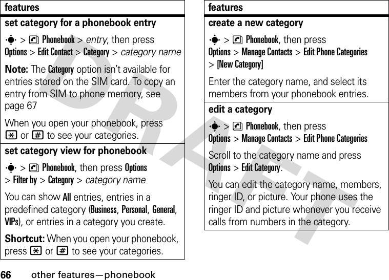 66other features—phonebookset category for a phonebook entrys&gt;nPhonebook &gt; entry, then press Options&gt;Edit Contact &gt;Category &gt; category nameNote: The Category option isn’t available for entries stored on the SIM card. To copy an entry from SIM to phone memory, see page 67When you open your phonebook, press *or# to see your categories.set category view for phonebooks&gt;nPhonebook, then press Options &gt;Filter by &gt;Category&gt;category nameYo u  c a n  s h o w  All entries, entries in a predefined category (Business, Personal, General, VIPs), or entries in a category you create.Shortcut: When you open your phonebook, press *or# to see your categories.featurescreate a new categorys&gt;nPhonebook, then press Options&gt;Manage Contacts &gt;Edit Phone Categories &gt;[New Category]Enter the category name, and select its members from your phonebook entries.edit a categorys&gt;nPhonebook, then press Options&gt;Manage Contacts &gt;Edit Phone CategoriesScroll to the category name and press Options&gt;Edit Category.You can edit the category name, members, ringer ID, or picture. Your phone uses the ringer ID and picture whenever you receive calls from numbers in the category.features