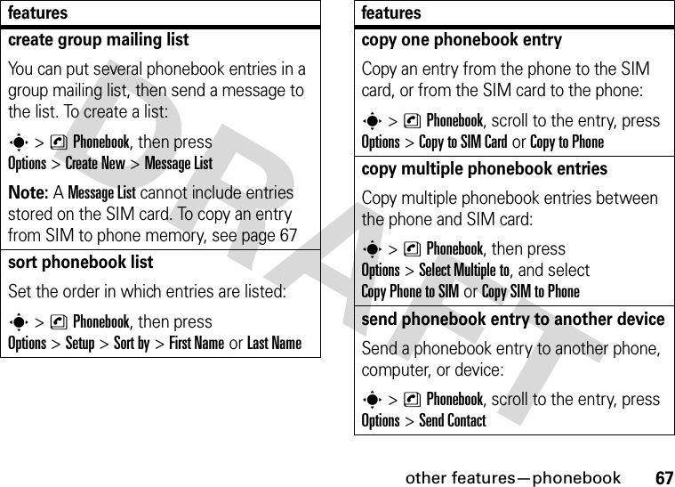 other features—phonebook67create group mailing listYou can put several phonebook entries in a group mailing list, then send a message to the list. To create a list:s&gt;nPhonebook, then press Options&gt;Create New &gt;Message ListNote: A Message List cannot include entries stored on the SIM card. To copy an entry from SIM to phone memory, see page 67sort phonebook listSet the order in which entries are listed:s&gt;nPhonebook, then press Options&gt;Setup&gt;Sort by&gt;First Nameor Last Namefeaturescopy one phonebook entryCopy an entry from the phone to the SIM card, or from the SIM card to the phone:s&gt;nPhonebook, scroll to the entry, press Options&gt;Copy to SIM Cardor Copy to Phonecopy multiple phonebook entriesCopy multiple phonebook entries between the phone and SIM card:s&gt;nPhonebook, then press Options&gt;Select Multiple to, and select Copy Phone to SIMor Copy SIM to Phonesend phonebook entry to another deviceSend a phonebook entry to another phone, computer, or device:s&gt;nPhonebook, scroll to the entry, press Options&gt;Send Contactfeatures