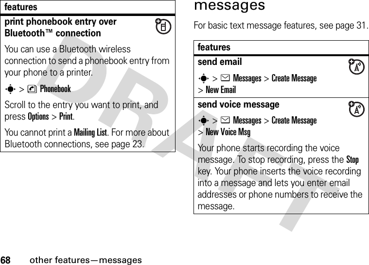 68other features—messagesmessagesFor basic text message features, see page 31.print phonebook entry over Bluetooth™ connectionYou can use a Bluetooth wireless connection to send a phonebook entry from your phone to a printer.s&gt;nPhonebookScroll to the entry you want to print, and press Options&gt;Print.You cannot print a Mailing List. For more about Bluetooth connections, see page 23.featuresfeaturessend emails&gt;eMessages &gt;Create Message &gt;New Emailsend voice messages&gt;eMessages &gt;Create Message &gt;New Voice MsgYour phone starts recording the voice message. To stop recording, press the Stop key. Your phone inserts the voice recording into a message and lets you enter email addresses or phone numbers to receive the message. 