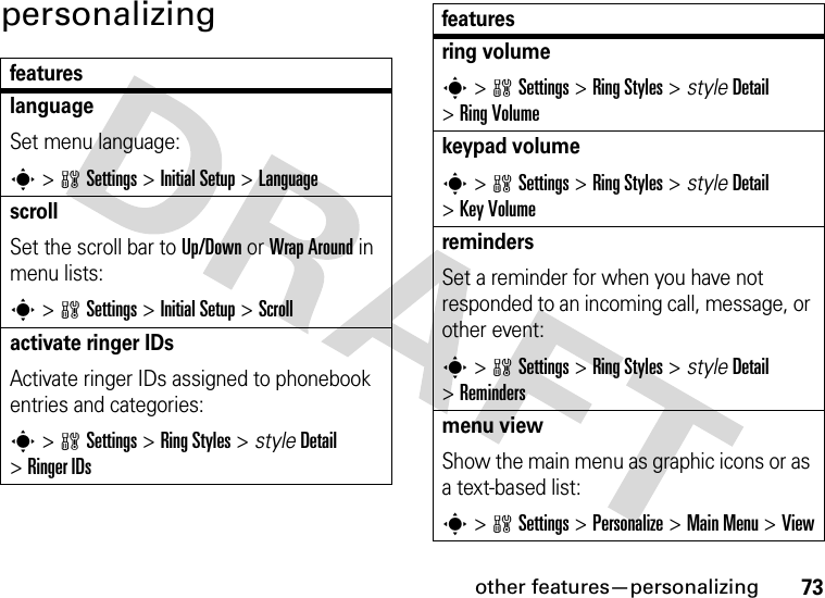 other features—personalizing73personalizingfeatureslanguageSet menu language:s&gt;wSettings &gt;Initial Setup &gt;LanguagescrollSet the scroll bar to Up/Down or Wrap Around in menu lists:s&gt;wSettings &gt;Initial Setup &gt;Scrollactivate ringer IDs Activate ringer IDs assigned to phonebook entries and categories:s&gt;wSettings &gt;Ring Styles &gt; styleDetail &gt;Ringer IDsring volumes&gt;wSettings &gt;Ring Styles &gt; styleDetail &gt;Ring Volumekeypad volumes&gt;wSettings &gt;Ring Styles &gt; styleDetail &gt;Key VolumeremindersSet a reminder for when you have not responded to an incoming call, message, or other event:s&gt;wSettings &gt;Ring Styles &gt; styleDetail &gt;Remindersmenu viewShow the main menu as graphic icons or as a text-based list:s&gt;wSettings &gt;Personalize &gt;Main Menu &gt;Viewfeatures