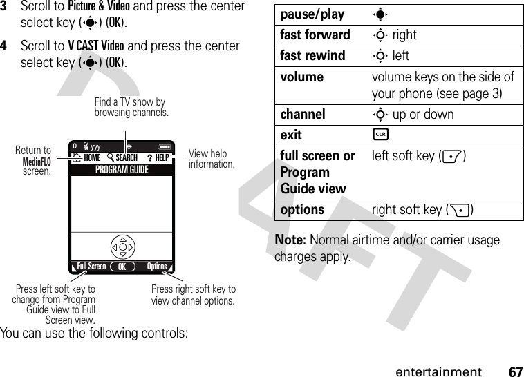 67entertainment3Scroll to Picture &amp; Video and press the center select key (s) (OK).4Scroll to V CAST Video and press the center select key (s) (OK).You can use the following controls:Note: Normal airtime and/or carrier usage charges apply.PROGRAM GUIDEFull Screen OptionsOKHOME SEARCH HELPNP0yyyPress left soft key to change from Program Guide view to Full Screen view.Press right soft key to view channel options.Return toMediaFLO screen.View helpinformation.Find a TV show by browsing channels.1XEVpause/playsfast forwardS rightfast rewindS leftvolumevolume keys on the side of your phone (see page 3)channelS up or downexitBfull screen or Program Guide viewleft soft key (-)optionsright soft key (+)