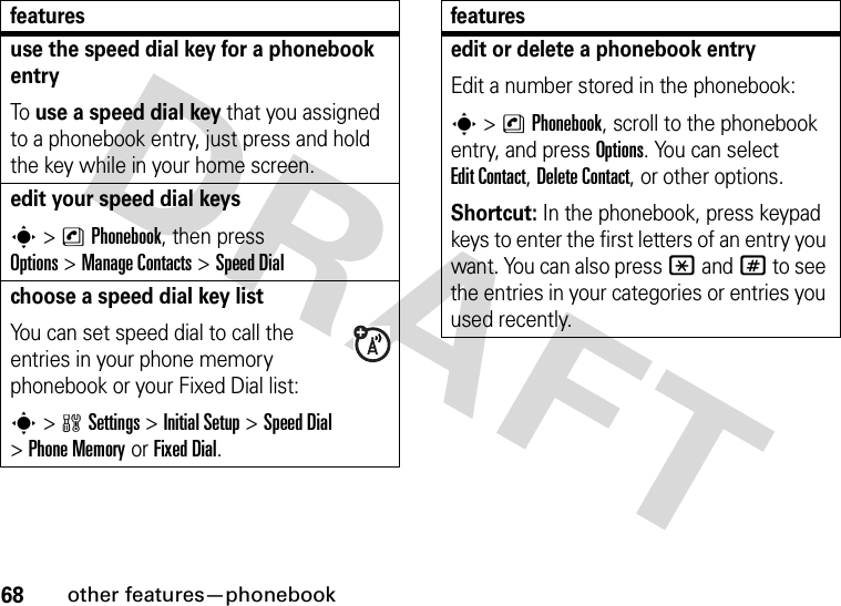 68other features—phonebookuse the speed dial key for a phonebook entryTo use a speed dial key that you assigned to a phonebook entry, just press and hold the key while in your home screen.edit your speed dial keyss&gt;nPhonebook, then press Options&gt;ManageContacts &gt;Speed Dialchoose a speed dial key listYou can set speed dial to call the entries in your phone memory phonebook or your Fixed Dial list:s&gt;wSettings &gt;InitialSetup &gt;Speed Dial &gt;Phone Memoryor Fixed Dial.featuresedit or delete a phonebook entryEdit a number stored in the phonebook:s &gt;nPhonebook, scroll to the phonebook entry, and press Options. You can select Edit Contact, Delete Contact, or other options.Shortcut: In the phonebook, press keypad keys to enter the first letters of an entry you want. You can also press *and# to see the entries in your categories or entries you used recently.features