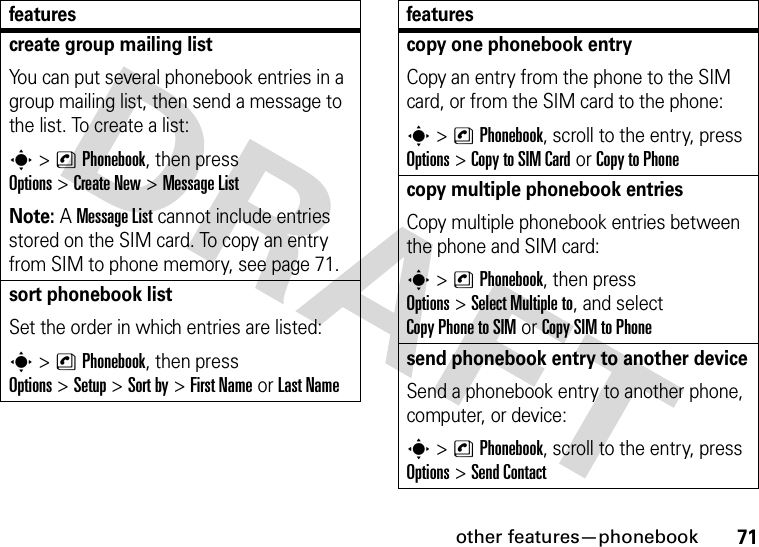 other features—phonebook71create group mailing listYou can put several phonebook entries in a group mailing list, then send a message to the list. To create a list:s&gt;nPhonebook, then press Options&gt;Create New &gt;MessageListNote: A MessageList cannot include entries stored on the SIM card. To copy an entry from SIM to phone memory, see page 71.sort phonebook listSet the order in which entries are listed:s&gt;nPhonebook, then press Options&gt;Setup&gt;Sort by&gt;First Nameor Last Namefeaturescopy one phonebook entryCopy an entry from the phone to the SIM card, or from the SIM card to the phone:s&gt;nPhonebook, scroll to the entry, press Options&gt;Copy to SIM Cardor Copy to Phonecopy multiple phonebook entriesCopy multiple phonebook entries between the phone and SIM card:s&gt;nPhonebook, then press Options&gt;Select Multiple to, and select Copy Phone to SIMor Copy SIM to Phonesend phonebook entry to another deviceSend a phonebook entry to another phone, computer, or device:s&gt;nPhonebook, scroll to the entry, press Options&gt;Send Contactfeatures