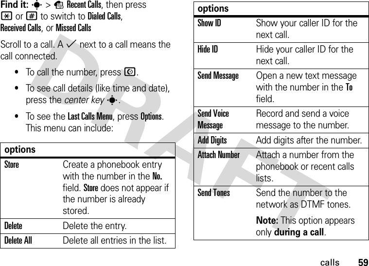 59callsFind it: s&gt;sRecent Calls, then press *or# to switch to Dialed Calls, Received Calls,or Missed CallsScroll to a call. A % next to a call means the call connected.•To call the number, press N.•To see call details (like time and date), press the center keys.•To see the Last Calls Menu, press Options. This menu can include:optionsStoreCreate a phonebook entry with the number in the No. field. Store does not appear if the number is already stored.DeleteDelete the entry.Delete AllDelete all entries in the list.Show IDShow your caller ID for the next call.Hide IDHide your caller ID for the next call.Send MessageOpen a new text message with the number in the To field.Send Voice MessageRecord and send a voice message to the number.Add DigitsAdd digits after the number.Attach NumberAttach a number from the phonebook or recent calls lists.Send TonesSend the number to the network as DTMF tones.Note: This option appears only during a call.options