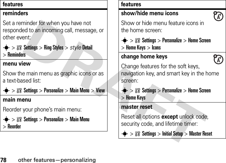 78other features—personalizingremindersSet a reminder for when you have not responded to an incoming call, message, or other event:s&gt;wSettings &gt;RingStyles &gt; styleDetail &gt;Remindersmenu viewShow the main menu as graphic icons or as a text-based list:s&gt;wSettings &gt;Personalize &gt;Main Menu &gt;Viewmain menu Reorder your phone’s main menu:s&gt;wSettings &gt;Personalize &gt;Main Menu &gt;Reorderfeaturesshow/hide menu iconsShow or hide menu feature icons in the home screen:s&gt;wSettings &gt;Personalize &gt;Home Screen &gt;Home Keys &gt;Iconschange home keysChange features for the soft keys, navigation key, and smart key in the home screen:s&gt;wSettings&gt;Personalize &gt;Home Screen &gt;Home Keysmaster resetReset all options except unlock code, security code, and lifetime timer:s&gt;wSettings &gt;Initial Setup &gt;Master Resetfeatures