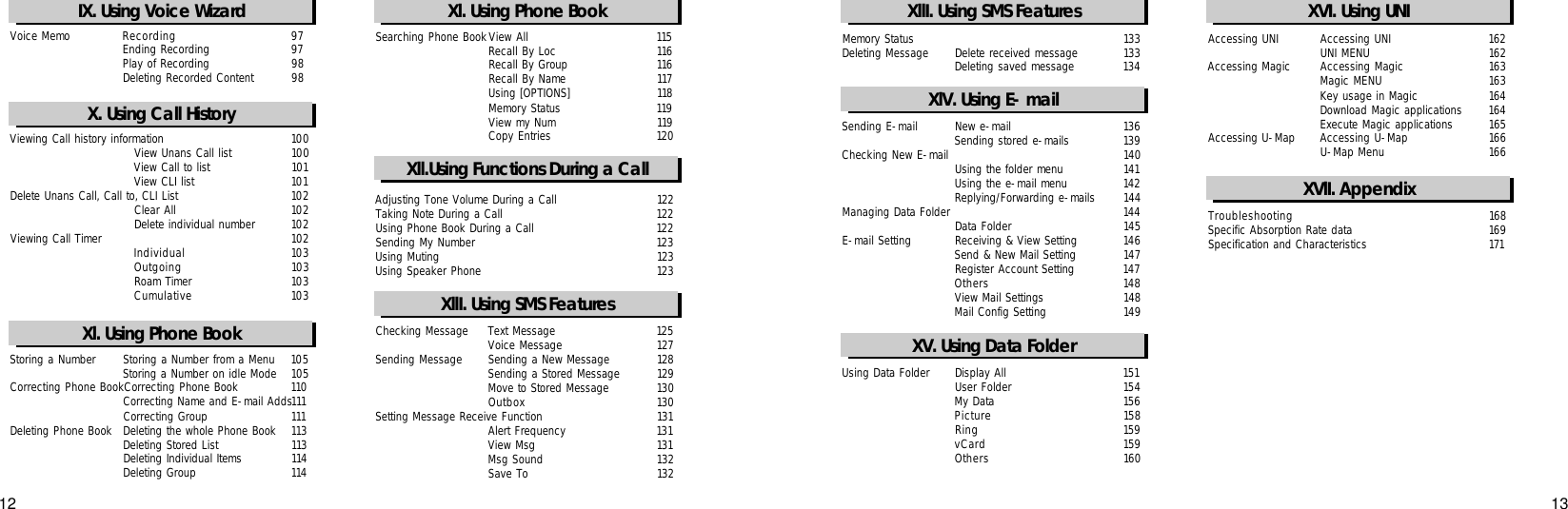 12Adjusting Tone Volume During a Call 1 2 2Taking Note During a Call 1 2 2Using Phone Book During a Call 1 2 2Sending My Number 1 2 3Using Muting 1 2 3Using Speaker Phone 1 2 3Checking Message Text Message 1 2 5Voice Message 1 2 7Sending Message Sending a New Message 1 2 8Sending a Stored Message 1 2 9Move to Stored Message  1 3 0O u t b o x 1 3 0Setting Message Receive Function 1 3 1Alert Frequency 1 3 1View Msg 1 3 1Msg Sound 1 3 2Save To 1 3 2Storing a Number Storing a Number from a Menu 1 0 5Storing a Number on idle Mode 1 0 5Correcting Phone BookCorrecting Phone Book 1 1 0Correcting Name and E-mail Adds1 1 1Correcting Group 1 1 1Deleting Phone Book Deleting the whole Phone Book 1 1 3Deleting Stored List 1 1 3Deleting Individual Items 1 1 4Deleting Group 1 1 4Xl. Using Phone BookXll.Using Functions During a CallXllI. Using SMS FeaturesSending E-mail New e-mail 1 3 6Sending stored e-mails 1 3 9Checking New E-mail 1 4 0Using the folder menu 1 4 1Using the e-mail menu 1 4 2Replying/Forwarding e-mails 1 4 4Managing Data Folder 1 4 4Data Folder 1 4 5E-mail Setting Receiving &amp; View Setting 1 4 6Send &amp; New Mail Setting 1 4 7Register Account Setting 1 4 7O t h e r s 1 4 8View Mail Settings 1 4 8Mail Config Setting 1 4 9XlV. Using E-mailViewing Call history information 1 0 0View Unans Call list 1 0 0View Call to list 1 0 1View CLI list 1 0 1Delete Unans Call, Call to, CLI List 1 0 2Clear All 1 0 2Delete individual number 1 0 2Viewing Call Timer 1 0 2I n d i v i d u a l 1 0 3O u t g o i n g 1 0 3Roam Timer 1 0 3C u m u l a t i v e 1 0 3X. Using Call HistorySearching Phone BookView All 1 1 5Recall By Loc 1 1 6Recall By Group 1 1 6Recall By Name 1 1 7Using [OPTIONS] 1 1 8Memory Status 1 1 9View my Num 1 1 9Copy Entries 1 2 0Xl. Using Phone BookUsing Data Folder Display All 1 5 1User Folder 1 5 4My Data 1 5 6P i c t u r e 1 5 8R i n g 1 5 9v C a r d 1 5 9O t h e r s 1 6 0XV. Using Data FolderT r o u b l e s h o o t i n g 1 6 8Specific Absorption Rate data 1 6 9Specification and Characteristics 1 7 1XVlI. Appendix13Voice Memo R e c o r d i n g 9 7Ending Recording 9 7Play of Recording 9 8Deleting Recorded Content 9 8VI. 타이머기능사용하기IX. Using Voice WizardMemory Status 1 3 3Deleting Message Delete received message 1 3 3Deleting saved message 1 3 4XllI. Using SMS FeaturesAccessing UNI Accessing UNI 1 6 2UNI MENU 1 6 2Accessing Magic Accessing Magic 1 6 3Magic MENU 1 6 3Key usage in Magic 1 6 4Download Magic applications 1 6 4Execute Magic applications 1 6 5Accessing U-Map Accessing U-Map 1 6 6U-Map Menu 1 6 6XVI. Using UNI