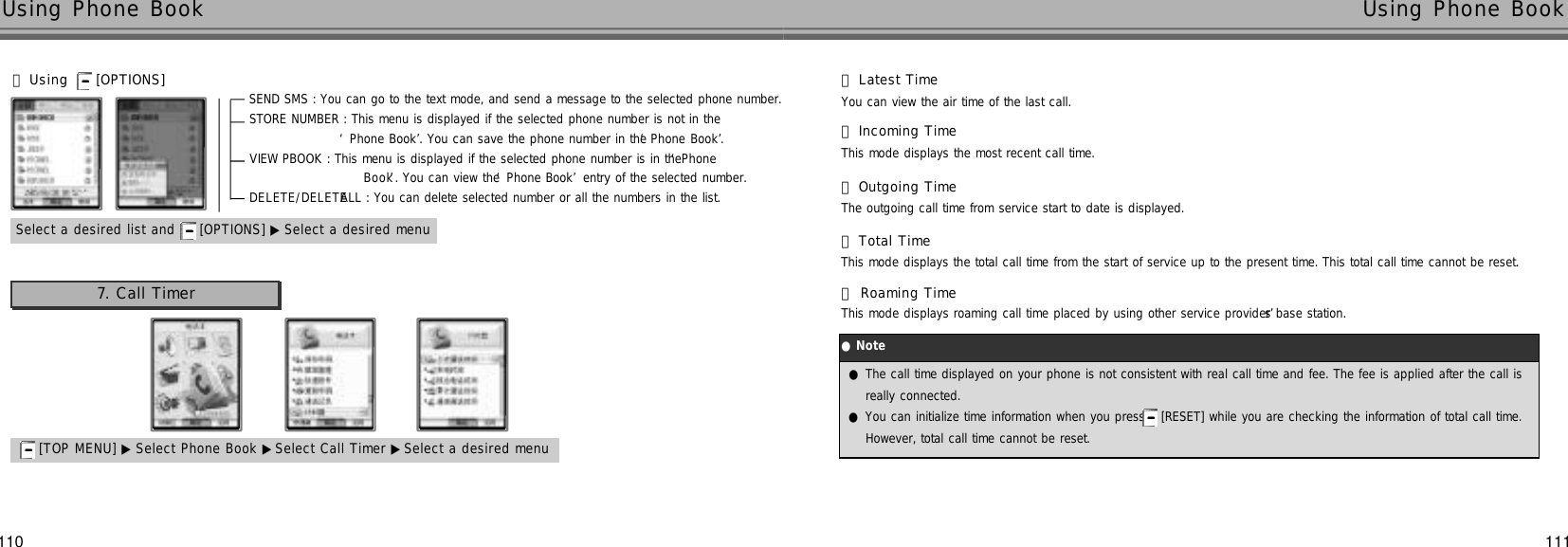 111110Using Phone Book  Using Phone Book 󰞆Total TimeThis mode displays the total call time from the start of service up to the present time. This total call time cannot be reset.󰞇Roaming TimeThis mode displays roaming call time placed by using other service provider’s base station.󰞃Using  [OPTIONS] Select a desired list and  [OPTIONS] ▶ Select a desired menuSEND SMS : You can go to the text mode, and send a message to the selected phone number.STORE NUMBER : This menu is displayed if the selected phone number is not in the ‘Phone Book’. You can save the phone number in the ‘Phone Book’.VIEW PBOOK : This menu is displayed if the selected phone number is in the ‘Phone B o o k’. You can view the ‘Phone Book’entry of the selected number.D E L E T E / D E L E T EALL : You can delete selected number or all the numbers in the list. 󰞅Outgoing TimeThe outgoing call time from service start to date is displayed.7. Call Timer[TOP MENU] ▶ Select Phone Book ▶Select Call Timer ▶Select a desired menu󰞃Latest TimeYou can view the air time of the last call.󰞄Incoming TimeThis mode displays the most recent call time.●The call time displayed on your phone is not consistent with real call time and fee. The fee is applied after the call isreally connected.●You can initialize time information when you press [RESET] while you are checking the information of total call time.However, total call time cannot be reset.●N o t e
