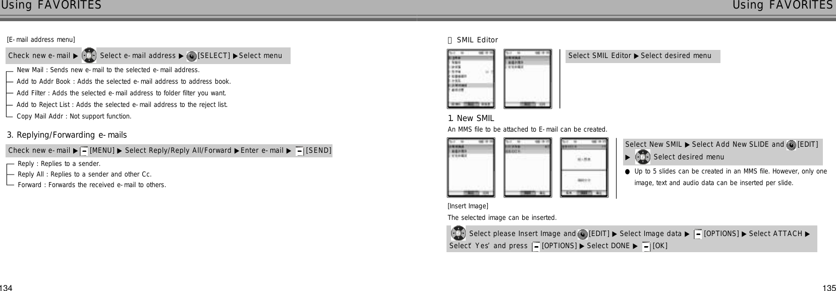 135134Using FAVORITES Using FAVORITESCheck new e-mail ▶ Select e-mail address ▶ [SELECT] ▶Select menuNew Mail : Sends new e-mail to the selected e-mail address.Add to Addr Book : Adds the selected e-mail address to address book.Add Filter : Adds the selected e-mail address to folder filter you want.Add to Reject List : Adds the selected e-mail address to the reject list.Copy Mail Addr : Not support function.Reply : Replies to a sender.Reply All : Replies to a sender and other Cc.Forward : Forwards the received e-mail to others.Check new e-mail ▶ [MENU] ▶ Select Reply/Reply All/Forward ▶Enter e-mail ▶ [ S E N D ]Select SMIL Editor ▶Select desired menu[E-mail address menu]3. Replying/Forwarding e-mails󰞆SMIL Editor1. New SMIL●Up to 5 slides can be created in an MMS file. However, only one  image, text and audio data can be inserted per slide.An MMS file to be attached to E-mail can be created.Select New SMIL ▶Select Add New SLIDE and  [EDIT] ▶Select desired menu[Insert Image]The selected image can be inserted.Select please Insert Image and  [EDIT] ▶ Select Image data ▶ [OPTIONS] ▶ Select ATTACH ▶Select ‘Y e s’and press  [OPTIONS] ▶ Select DONE ▶ [OK] 