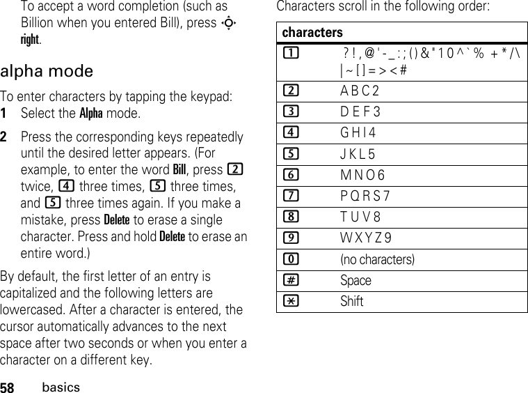 58basicsTo accept a word completion (such as Billion when you entered Bill), press S right.alpha modeTo enter characters by tapping the keypad: 1Select the Alpha mode.2Press the corresponding keys repeatedly until the desired letter appears. (For example, to enter the word Bill, press 2 twice, 4 three times, 5 three times, and 5 three times again. If you make a mistake, press Delete to erase a single character. Press and hold Delete to erase an entire word.)By default, the first letter of an entry is capitalized and the following letters are lowercased. After a character is entered, the cursor automatically advances to the next space after two seconds or when you enter a character on a different key.Characters scroll in the following order: characters1 ? ! , @ &apos; - _ : ; ( ) &amp; &quot; 1 0 ^ ` %  + * / \ | ~ [ ] = &gt; &lt; #2A B C 23D E F 34G H I 45J K L 56M N O 67P Q R S 78T U V 89W X Y Z 90(no characters)#Space*Shift